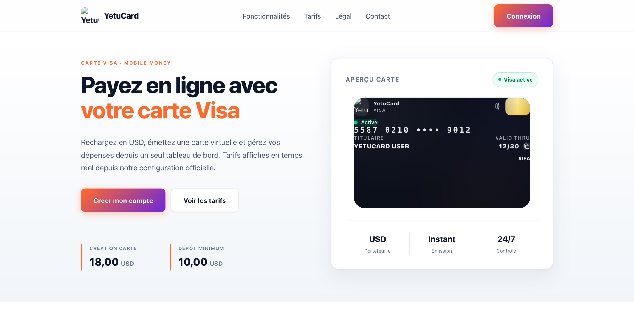Aperçu : YetuCard — portefeuille et cartes virtuelles Visa