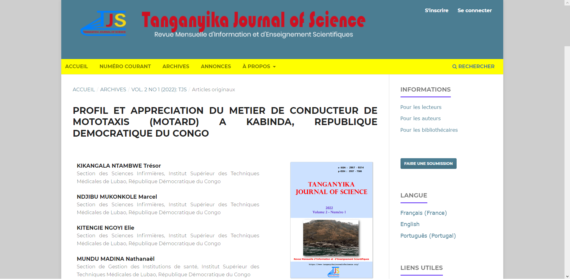 Aperçu du projet : Conception du site de TANGANYIKA JOURNAL OF SCIENCE