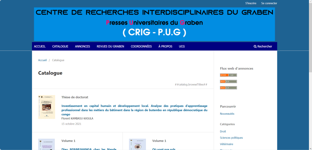Gestion des ouvrages de PUG. Visitez le site: https://www.ouvrages.crigpug-ucg.org/index.php/crig/catalog